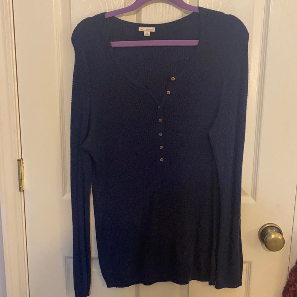 NAVY WAFFLE KNIT QUARTER BUTTON SWEATER
